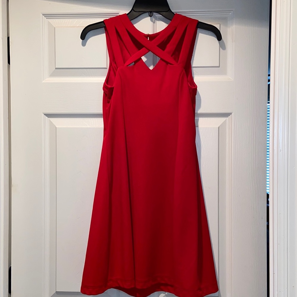 Short red dress with detailed neckline